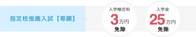 指定校推薦入試【専願】　入学検定料3万円免除、入学金25万円免除